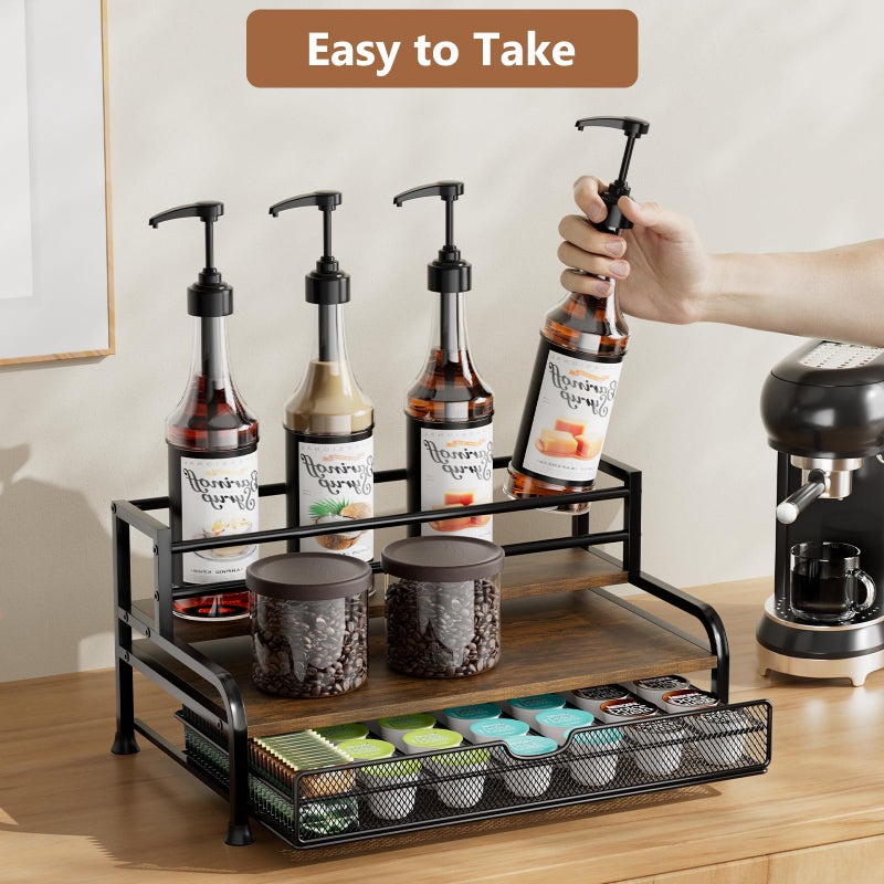 PONEYA Coffee Syrup Rack Organizer, 3-Tier 8 Bottles Syrup Rack with 35 K Cup Storage Basket for Coffee Bar, Countertop Bottle Holder Stand for Wine, Dressing for Kitchen Cafe Station - Image 4