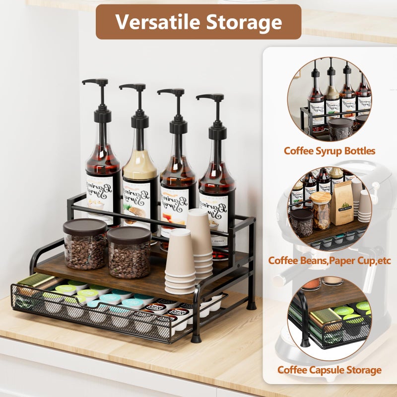 PONEYA Coffee Syrup Rack Organizer, 3-Tier 8 Bottles Syrup Rack with 35 K Cup Storage Basket for Coffee Bar, Countertop Bottle Holder Stand for Wine, Dressing for Kitchen Cafe Station - Image 3