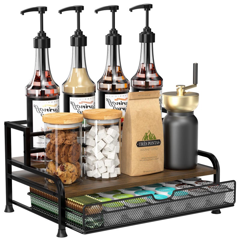 PONEYA Coffee Syrup Rack Organizer, 3-Tier 8 Bottles Syrup Rack with 35 K Cup Storage Basket for Coffee Bar, Countertop Bottle Holder Stand for Wine, Dressing for Kitchen Cafe Station - Image 1