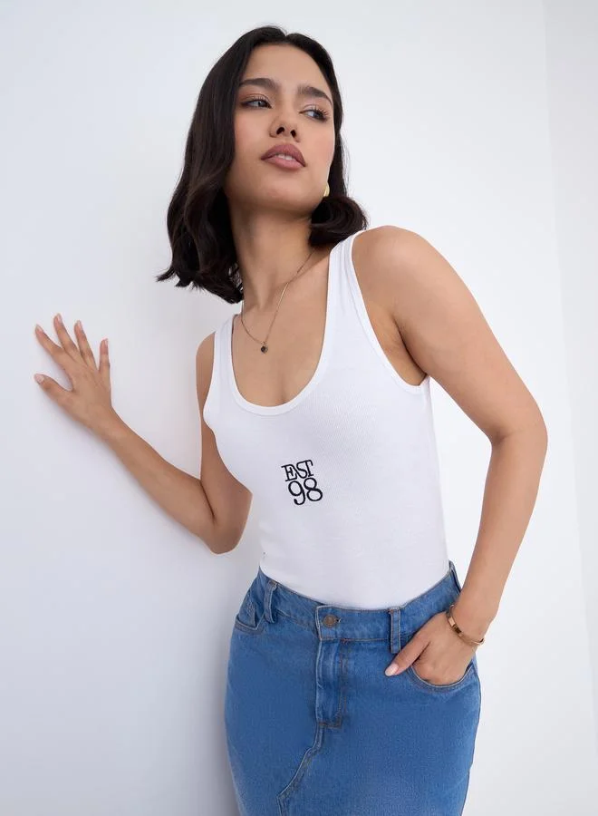 ستايلي Styli White Embroidered Ribbed Bodysuit