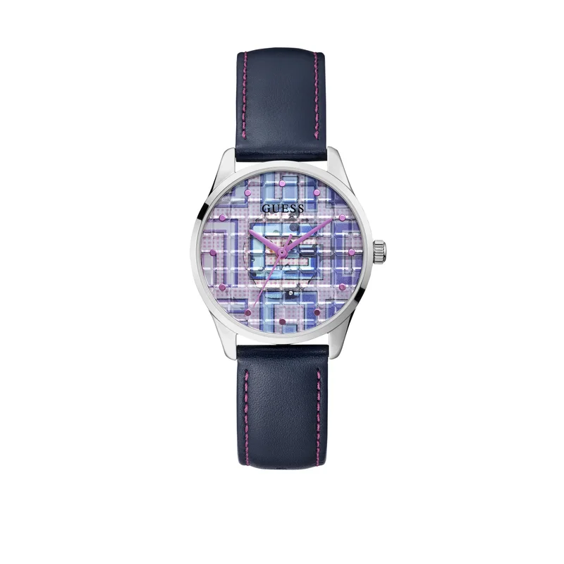 جس Guess Women's Blue Leather Strap Watch