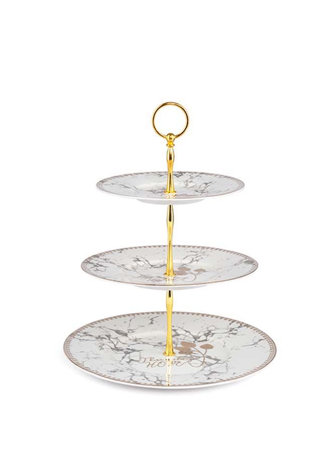 4-Piece Bagel Of Cakes Porcelain  3 Shelves Round Space(1 large plate 27 cm,1 medium plate 24 cm,1 small plate 20 cm,1 stainless steel stand)