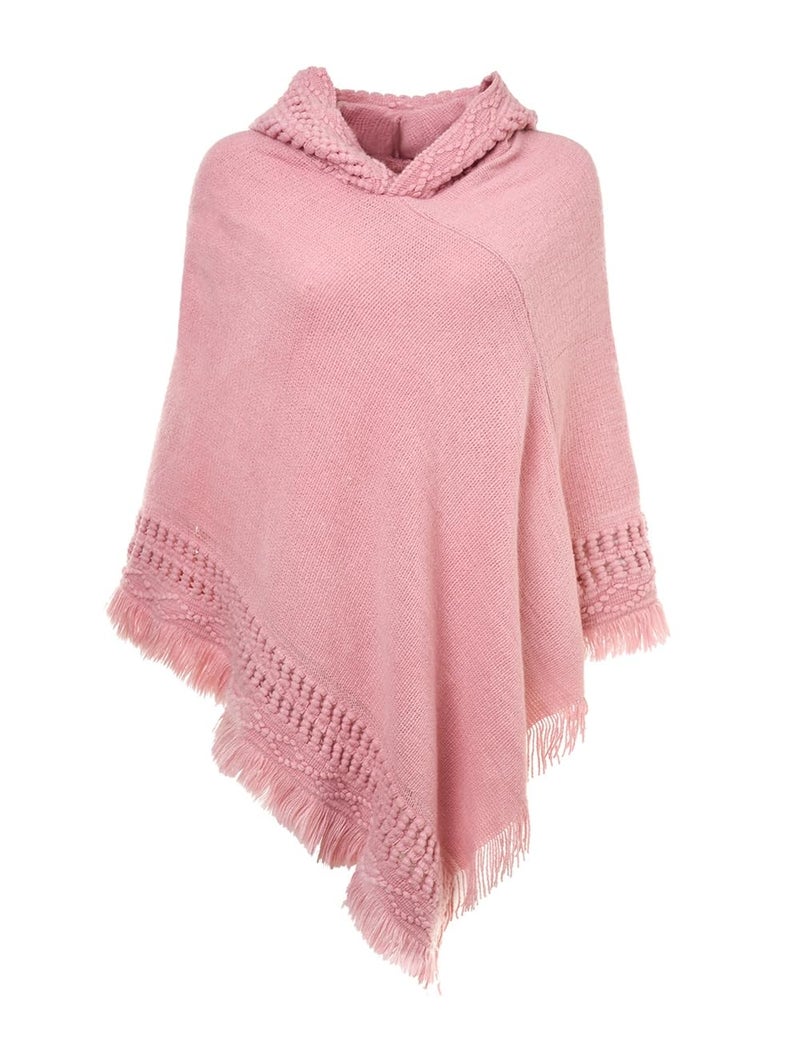 Ferand Ladies' Hooded Cape with Fringed Hem, Crochet Poncho Knitting Patterns for Women, Pink - Image 1