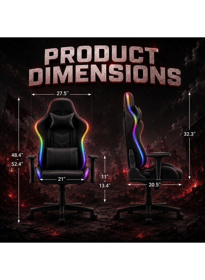 كرسي ألعاب بإضاءة RGB LED، إمالة من 90 إلى 135 درجة، ارتفاع ومساند ذراع قابلة للتعديل، جلد PU ووسادتا رأس وظهر - Image 5