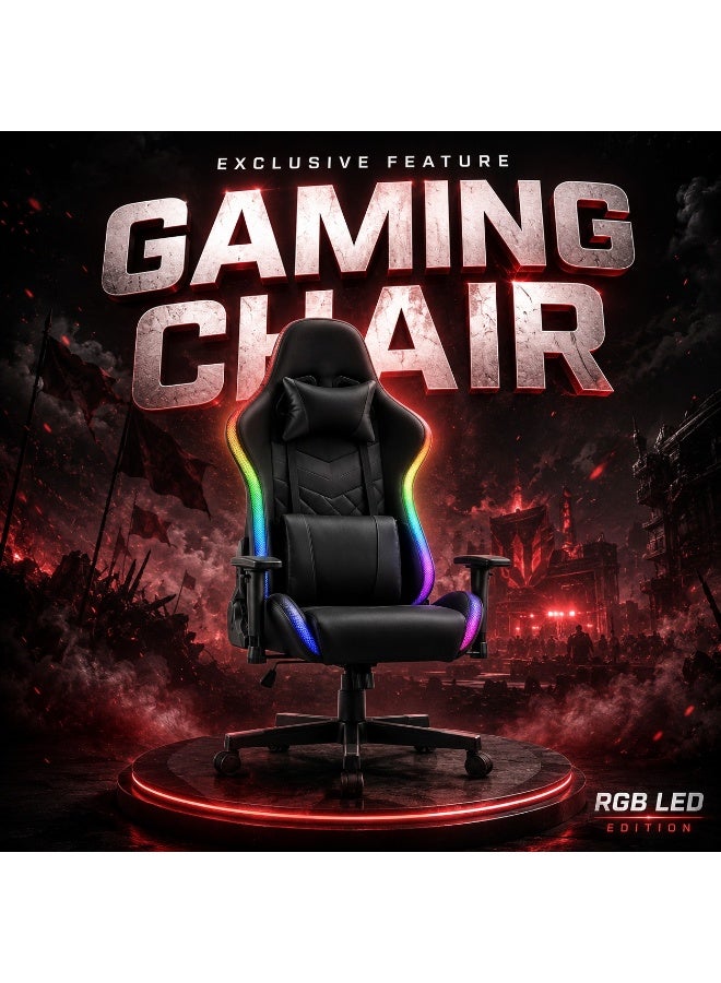 كرسي ألعاب بإضاءة RGB LED، إمالة من 90 إلى 135 درجة، ارتفاع ومساند ذراع قابلة للتعديل، جلد PU ووسادتا رأس وظهر - Image 2