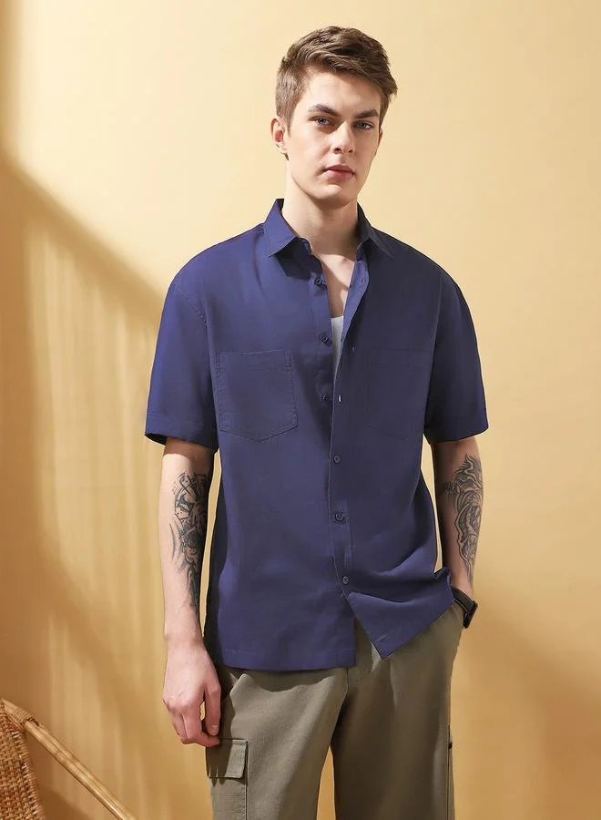 دينيس لينغو قميص رجالي قطن أزرق سادة بأزرار