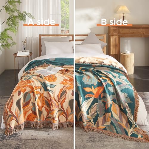 SE SOFTEXLY Boho Throw Blanket for Bed 60”x80”, 100% Cotton Woven Blanket for Couch Sofa, Ultra Soft 4-Layer Muslin Quilt with Floral Printed, Farmhouse Bed Blanket/Cover for Living Room Decor - Image 2