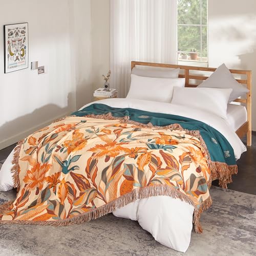 SE SOFTEXLY Boho Throw Blanket for Bed 60”x80”, 100% Cotton Woven Blanket for Couch Sofa, Ultra Soft 4-Layer Muslin Quilt with Floral Printed, Farmhouse Bed Blanket/Cover for Living Room Decor - Image 3