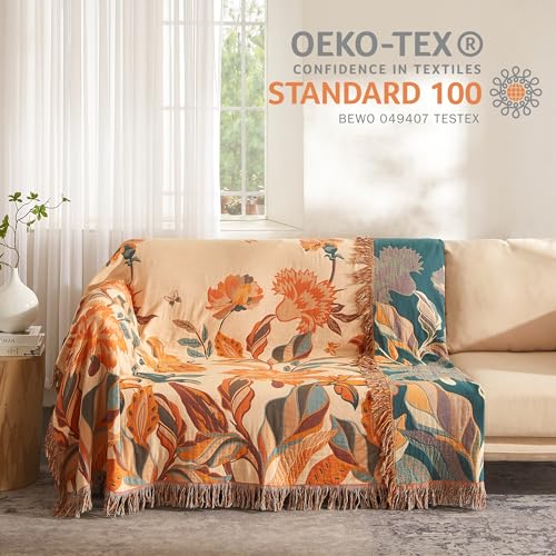 SE SOFTEXLY Boho Throw Blanket for Bed 60”x80”, 100% Cotton Woven Blanket for Couch Sofa, Ultra Soft 4-Layer Muslin Quilt with Floral Printed, Farmhouse Bed Blanket/Cover for Living Room Decor - Image 4