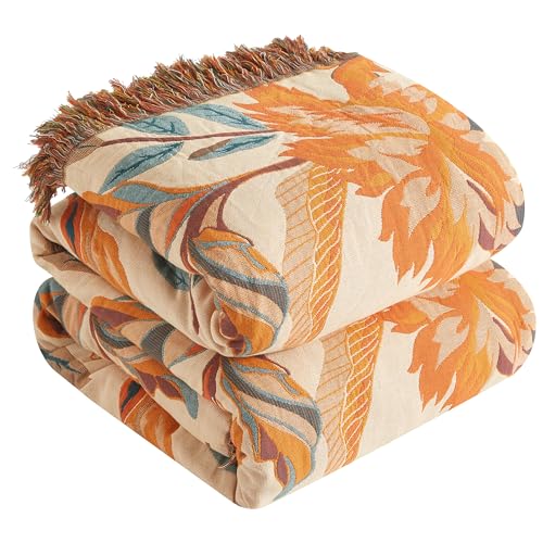 SE SOFTEXLY Boho Throw Blanket for Bed 60”x80”, 100% Cotton Woven Blanket for Couch Sofa, Ultra Soft 4-Layer Muslin Quilt with Floral Printed, Farmhouse Bed Blanket/Cover for Living Room Decor - Image 1