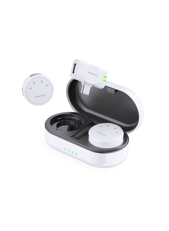 porodo Lavalier Wireless Dual Mic with Charging Case, 22.5H Playtime, ≤20ms Latency, 2.4GHz, Plug & Play, Magnetic Clip, White - Image 2