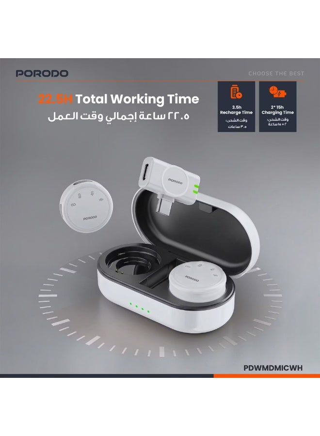 porodo Lavalier Wireless Dual Mic with Charging Case, 22.5H Playtime, ≤20ms Latency, 2.4GHz, Plug & Play, Magnetic Clip, White - Image 5