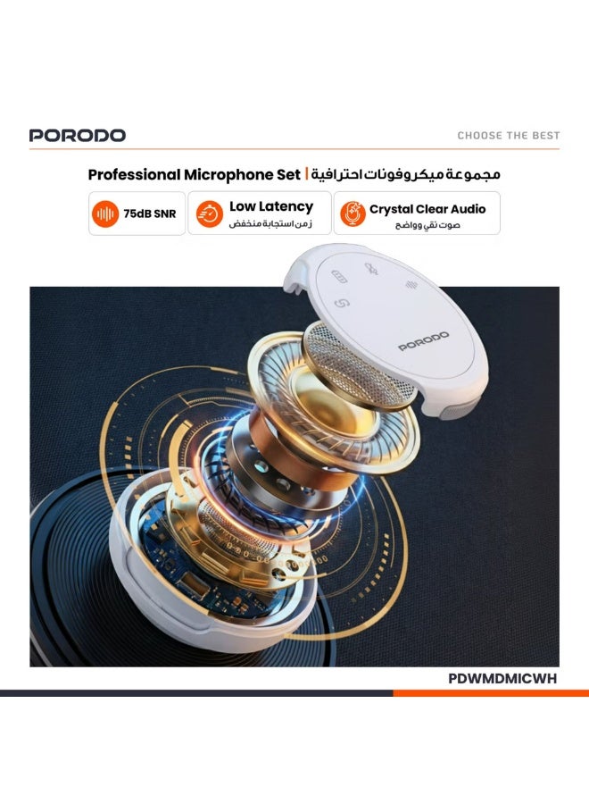 porodo Lavalier Wireless Dual Mic with Charging Case, 22.5H Playtime, ≤20ms Latency, 2.4GHz, Plug & Play, Magnetic Clip, White - Image 3