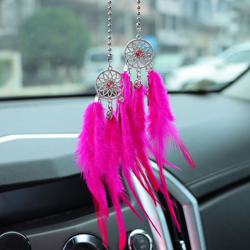 Feather Dreamcatcher Car Rearview Mirror Hanging Decor Rose red feather dream catcher 