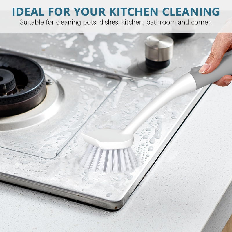 SetSail Dish Brush Set of 3 Piece, Dish Scrub Brush with Long Handle Deep Cleaning Brush with Scraper Tip for Kitchen Dishes Bottle Cup Pot Pan, Grey - Image 3