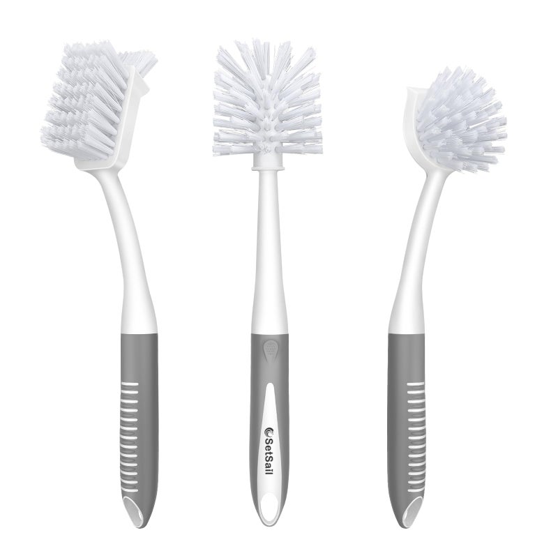 SetSail Dish Brush Set of 3 Piece, Dish Scrub Brush with Long Handle Deep Cleaning Brush with Scraper Tip for Kitchen Dishes Bottle Cup Pot Pan, Grey - Image 1