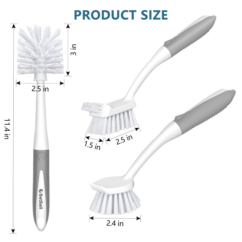 SetSail Dish Brush Set of 3 Piece, Dish Scrub Brush with Long Handle Deep Cleaning Brush with Scraper Tip for Kitchen Dishes Bottle Cup Pot Pan, Grey - Image 2
