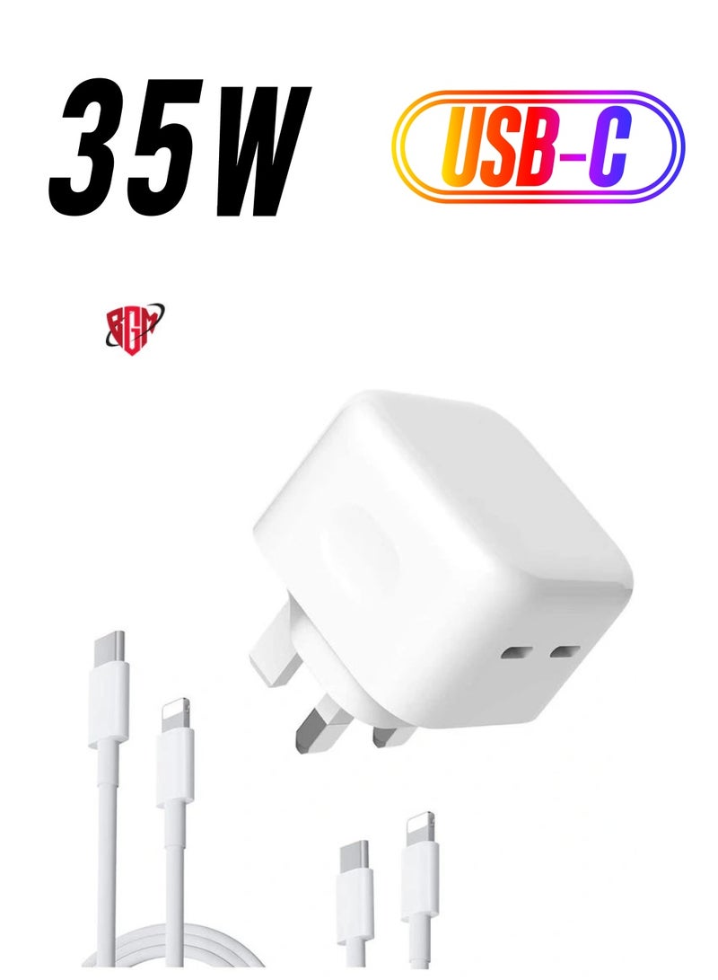 BGM Original 35W USB-C Power Adapter For iPhone 14 13 12 11 Pro Max 14 Plus XS XR XS Max iPad Pro Macbook Dual Type C Port PD Fast Charging UK Plug Wall Charger - Image 1