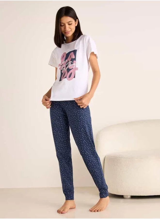 FAV Slogan Print Short Sleeves T-shirt and Pyjama Set