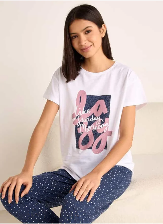 FAV Slogan Print Short Sleeves T-shirt and Pyjama Set
