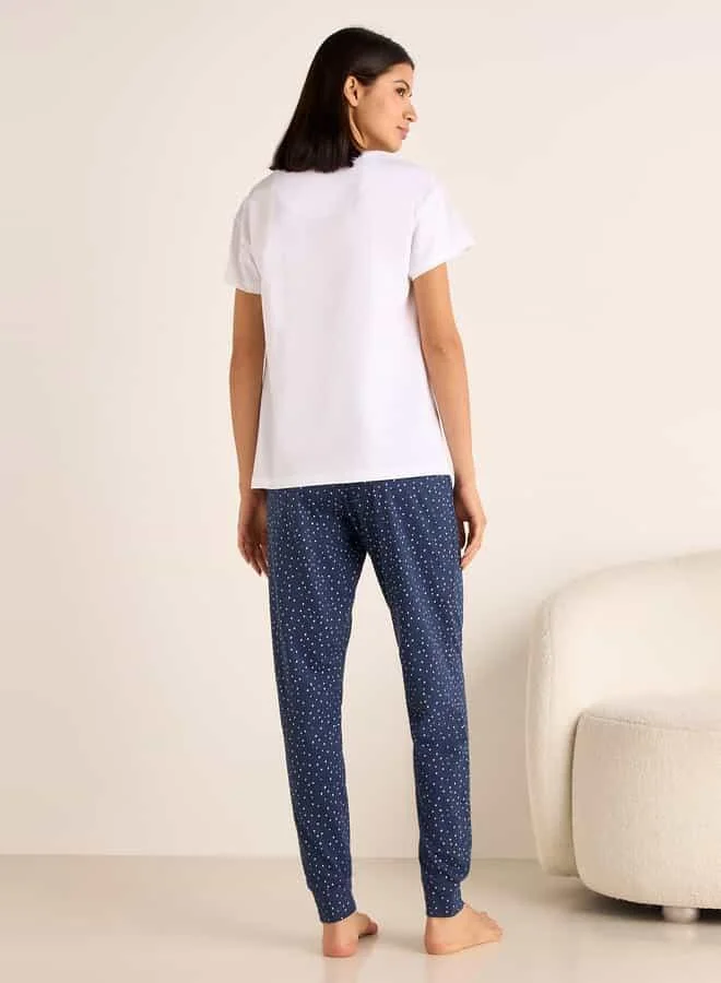 Splash FAV Slogan Print Short Sleeves T-shirt and Pyjama Set