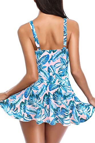 SHEKINI Women's Crossover Ruched Skirt One Piece Swimdress Swimsuit Bathing Suit (Printing - Leaves, Large) - Image 5