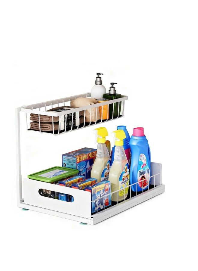 UINOFLE Under Sink Organizers and Storage, 2 Tier Sliding Cabinet Basket Organizer Drawer Pull Out Cabinet Organizer Multi-Purpose Under Sink Organizer for Bathroom Kitchen (White) - Image 1
