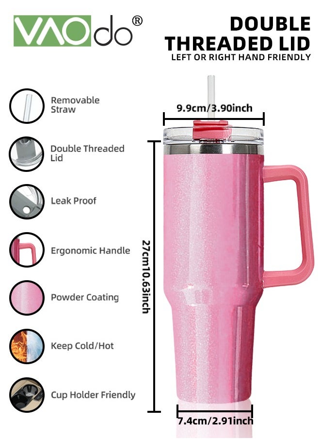 VAOdo - 40 oz Tumbler with Handle and Straw Lid Reusable Stainless Steel Water Bottle Travel Mug Cupholder Friendly Insulated Cup Holiday Gifts for Women Men Him Her Pink 1100ML - Image 1