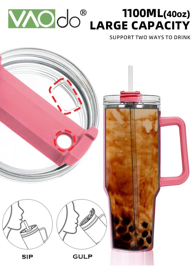 VAOdo - 40 oz Tumbler with Handle and Straw Lid Reusable Stainless Steel Water Bottle Travel Mug Cupholder Friendly Insulated Cup Holiday Gifts for Women Men Him Her Pink 1100ML - Image 1