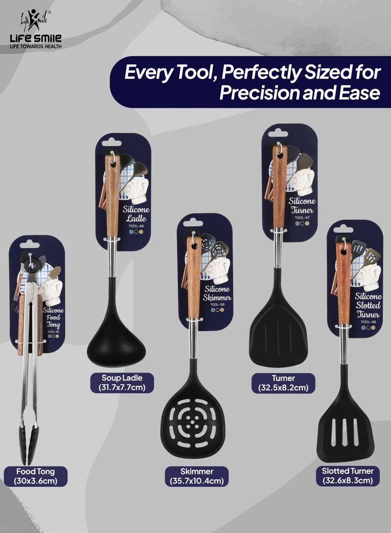 Life Smile Lifesmile Silicone Kitchen Utensils Set | Ladle, Turner, Slotted Turner, Skimmer & Food Tong | Wooden Handle - Image 2