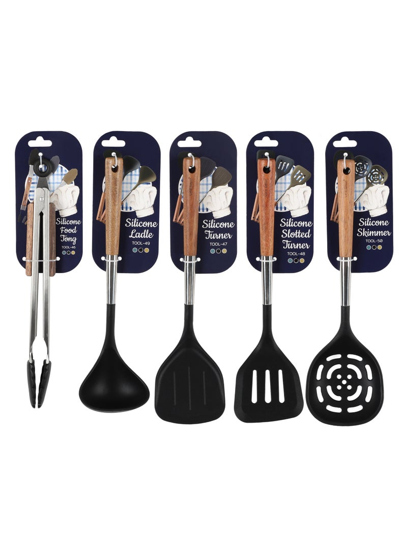 Life Smile Lifesmile Silicone Kitchen Utensils Set | Ladle, Turner, Slotted Turner, Skimmer & Food Tong | Wooden Handle - Image 1