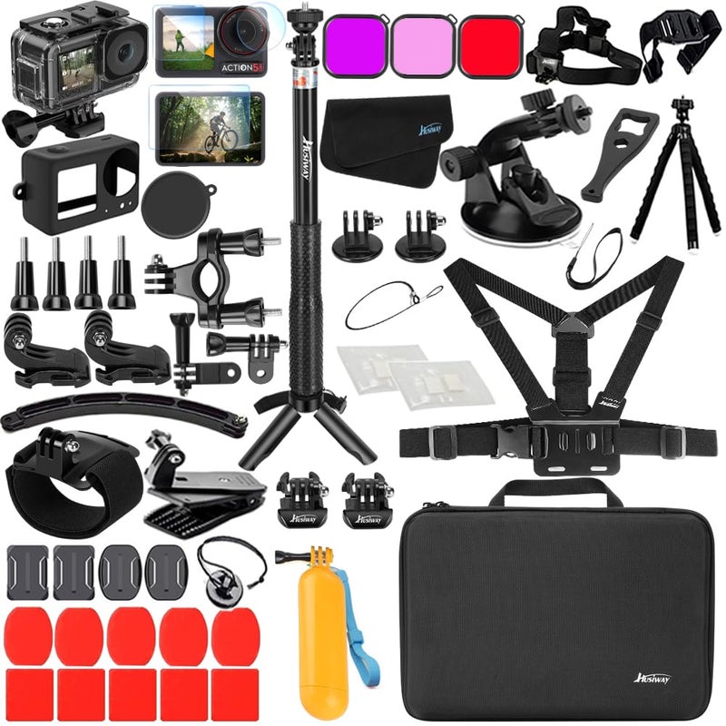 Husiway Accessories Bundle for DJI Osmo Action 5 Pro/Action 4/3 Waterproof Case Diving Housing Silicone Case Glass Screen Protector Film Whole Kit 60E (Kit1 for DJI Osmo Action 5 Pro/4/3) - Image 1