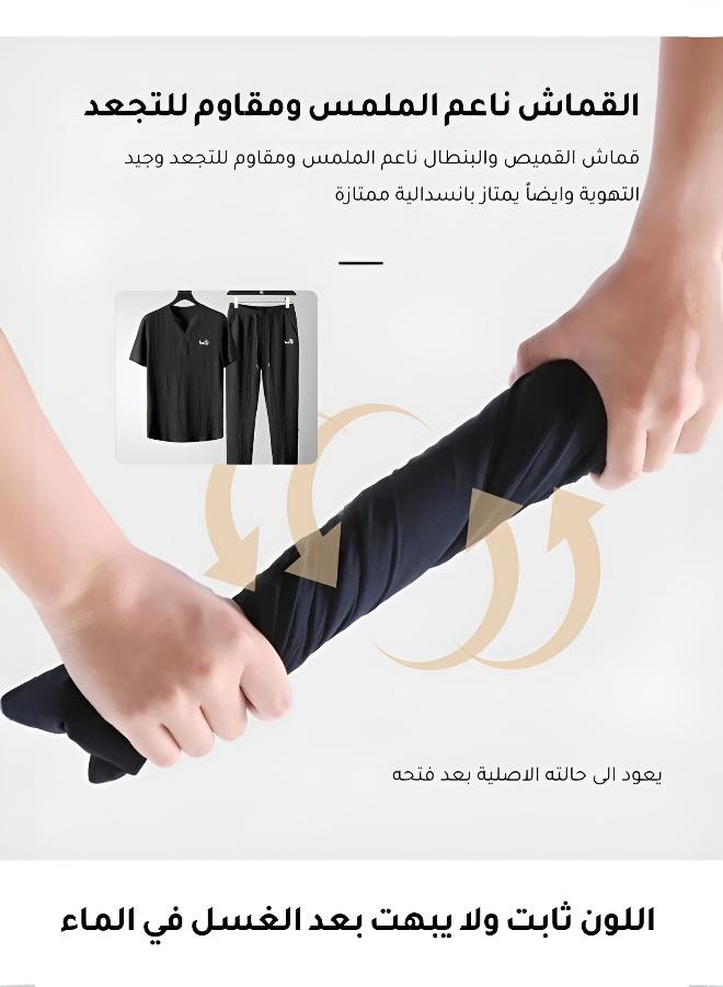 مجموعة رجالية صيفية أنيقة من قطعتين بملمس بارد وناعم - Image 2