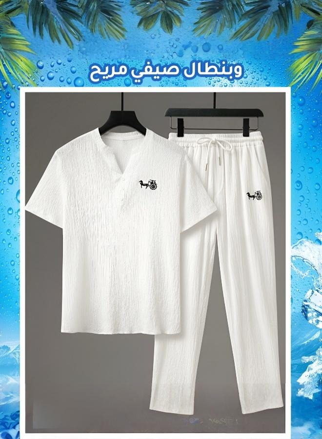 مجموعة رجالية صيفية أنيقة من قطعتين بملمس بارد وناعم - Image 4