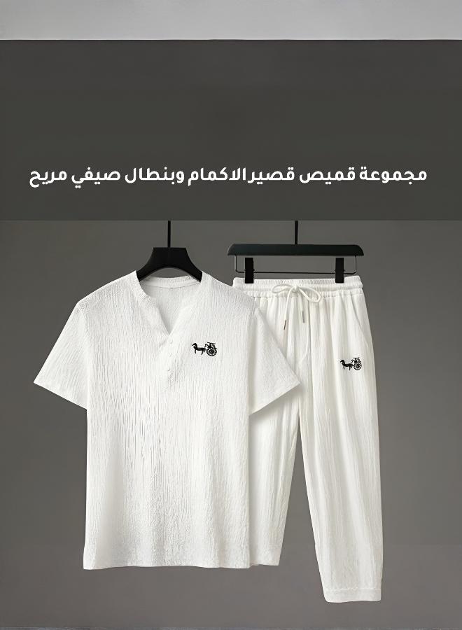 مجموعة رجالية صيفية أنيقة من قطعتين بملمس بارد وناعم - Image 5