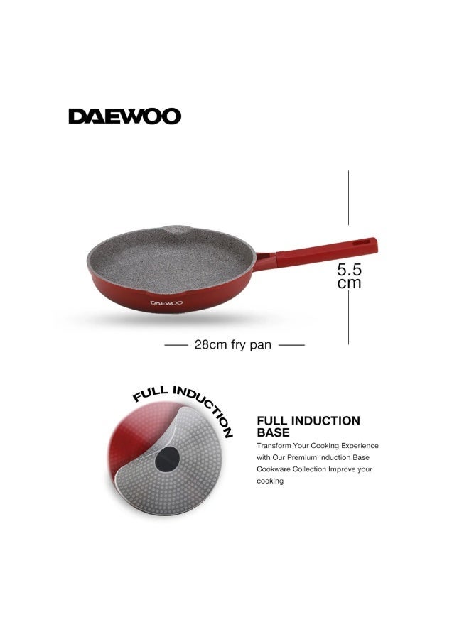 Daewoo 28cm Die-Cast Aluminum Frying Pan, Non-Stick Granite Stone Coating, Full Induction Base, Oven-Safe, Bakelite Handle , Red, Chemical-Free - Image 1