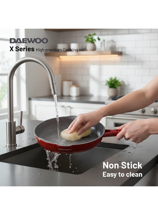 Daewoo 28cm Die-Cast Aluminum Frying Pan, Non-Stick Granite Stone Coating, Full Induction Base, Oven-Safe, Bakelite Handle , Red, Chemical-Free - Image 4