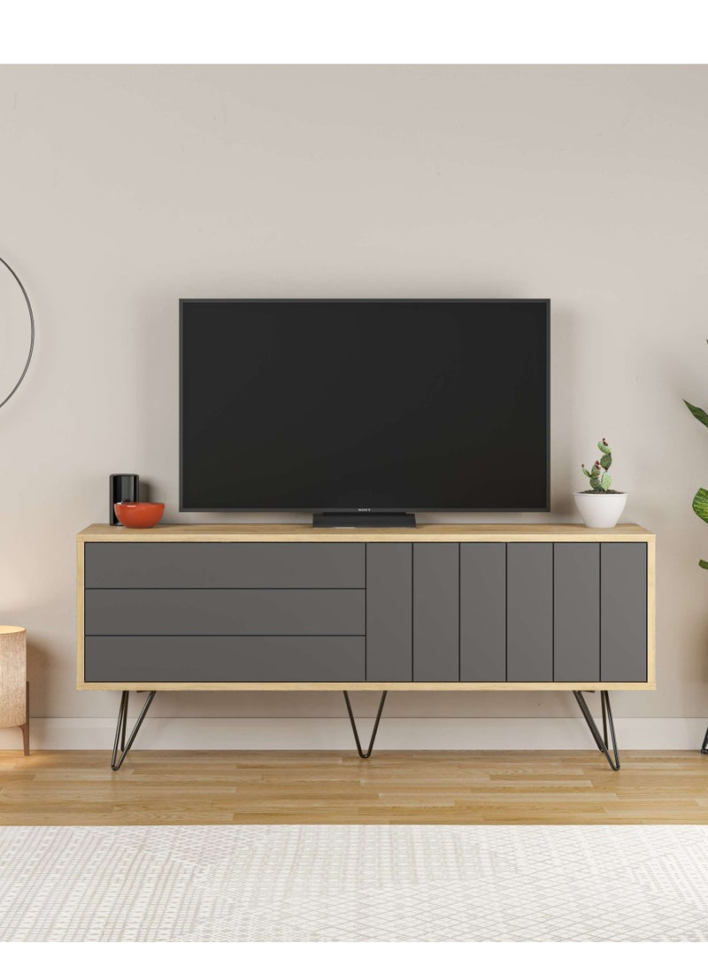 Picadilly Tv Stand Up To 55 Inch Tv| Modern Tv Unit Metal Legs 2 Door | Storage Cabinet |139X36X57 Cm| Oak Dark Grey- 2 Years Warranty
