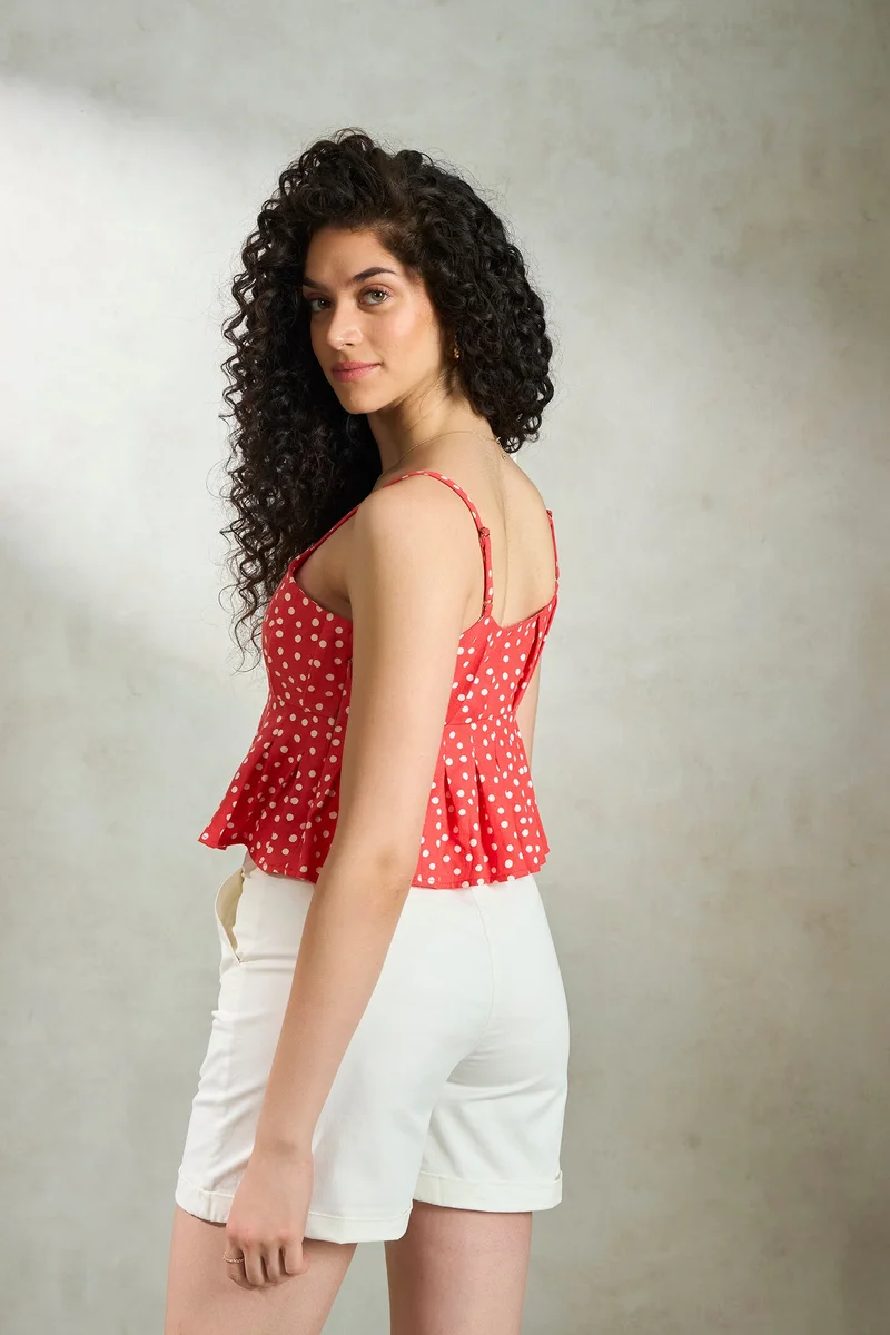 Virgio Linen Polka Brunchwear Print Peplum Crop Tops for Women