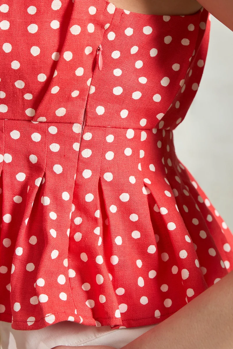 Virgio Linen Polka Brunchwear Print Peplum Crop Tops for Women