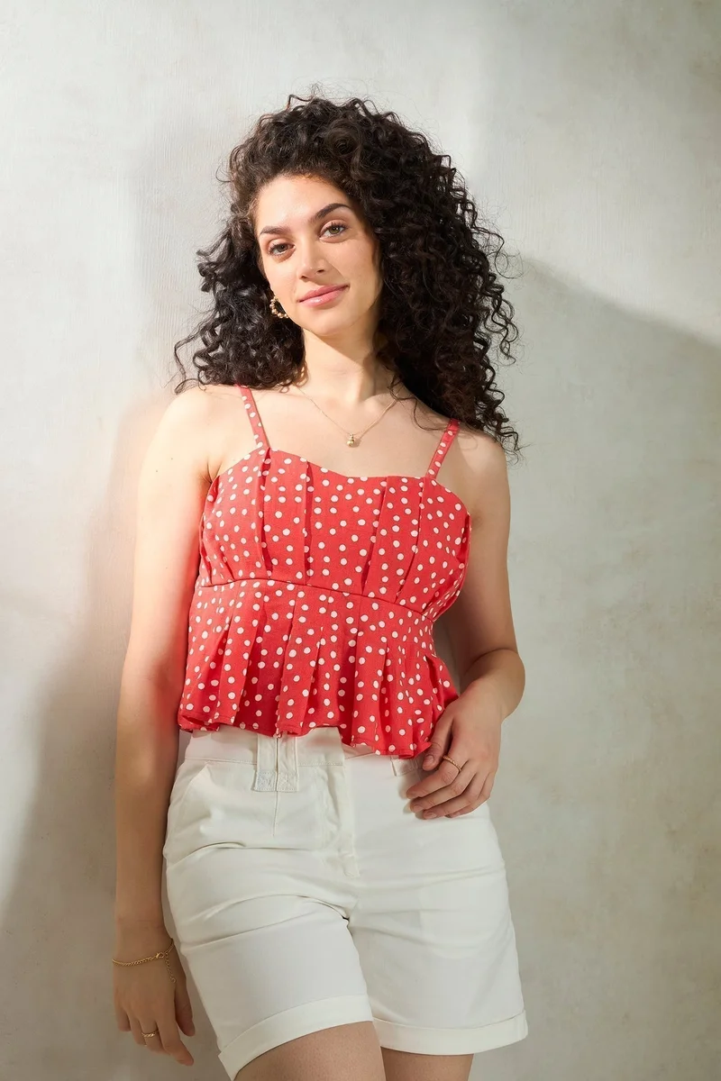 Virgio Linen Polka Brunchwear Print Peplum Crop Tops for Women