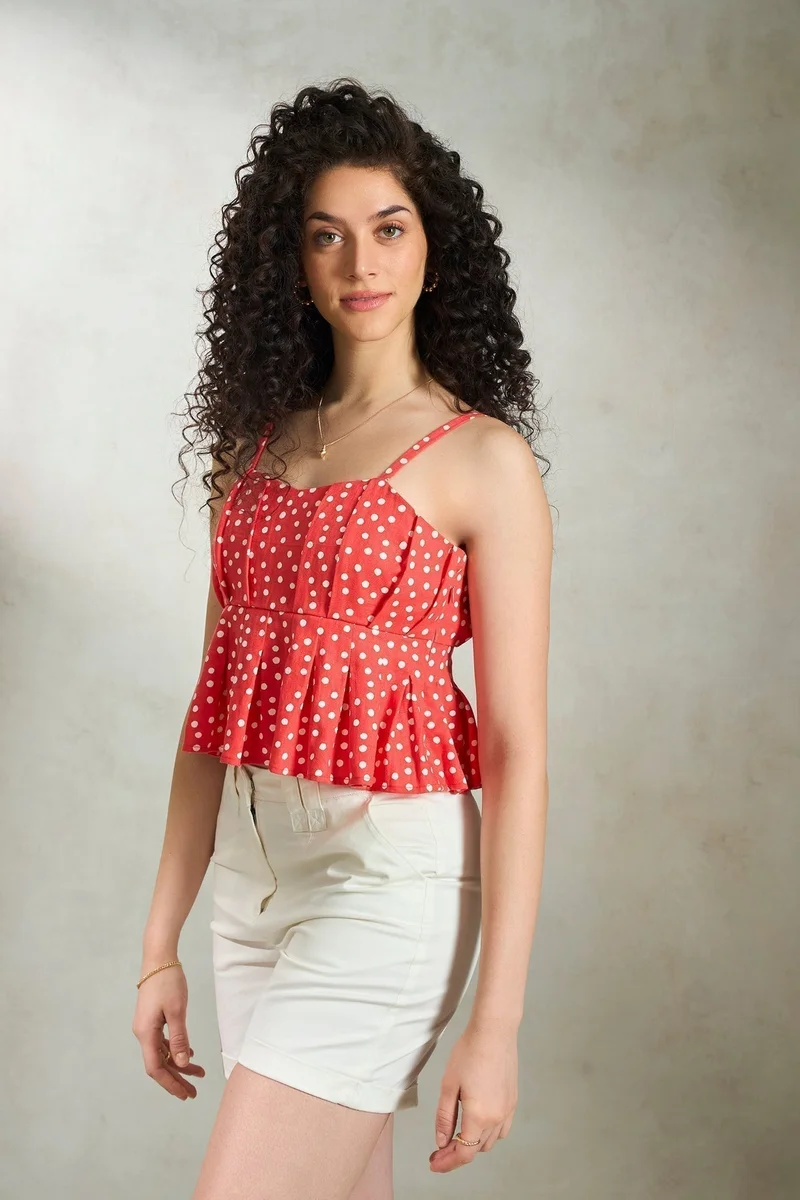Virgio Linen Polka Brunchwear Print Peplum Crop Tops for Women