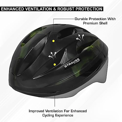 Strauss Cycling Helmet, Elite | Light Weight with Superior Ventilation | Mountain, Road Bike & Skating Helmet with Premium EPS Foam Lining| Ideal for Adults and Kids| Size: Junior,(Black and Green) - Image 4