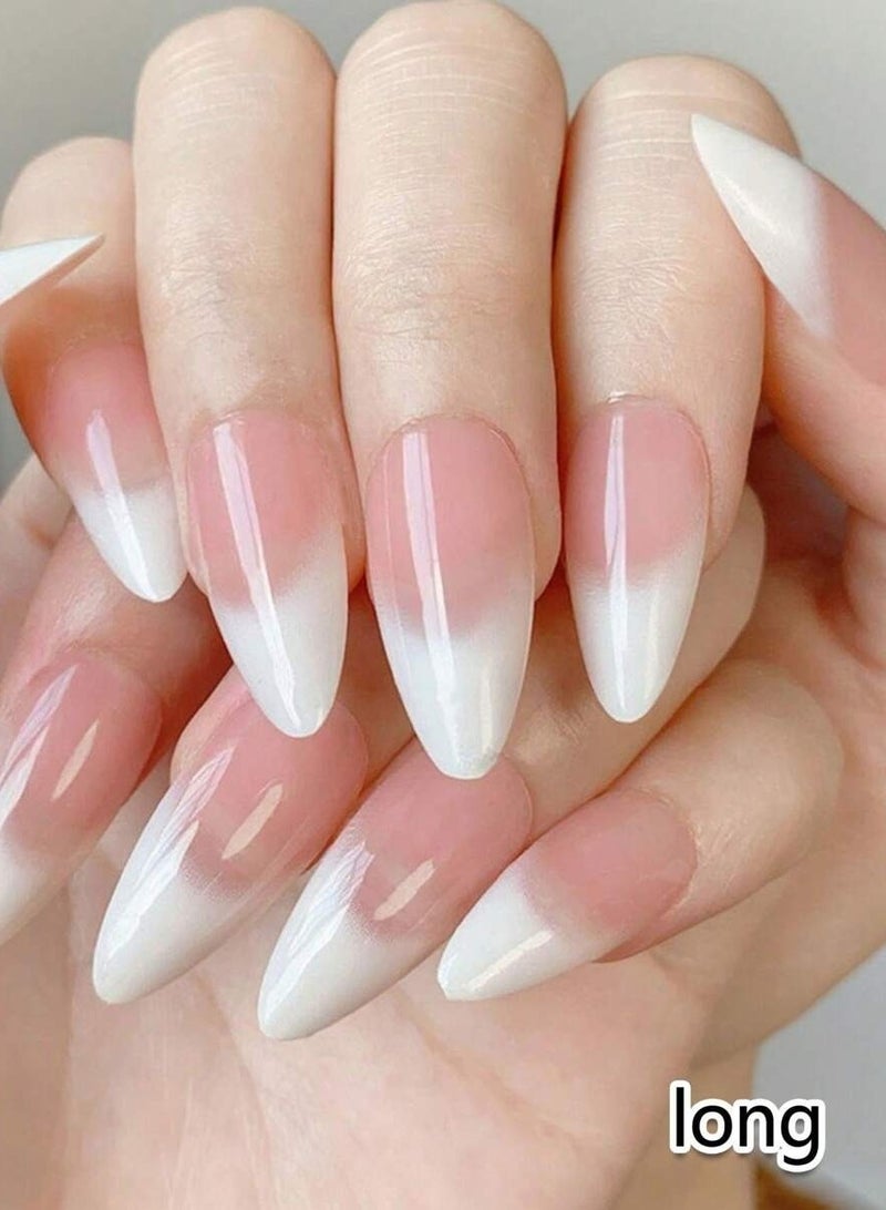 24-piece set of short almond-shaped French nail tips in gradient colors of beige and milky white, with one nail file and one nail adhesive gel. - Image 1