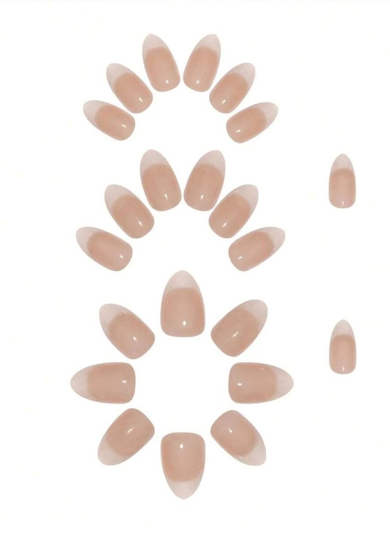 24-piece set of short almond-shaped French nail tips in gradient colors of beige and milky white, with one nail file and one nail adhesive gel. - Image 3