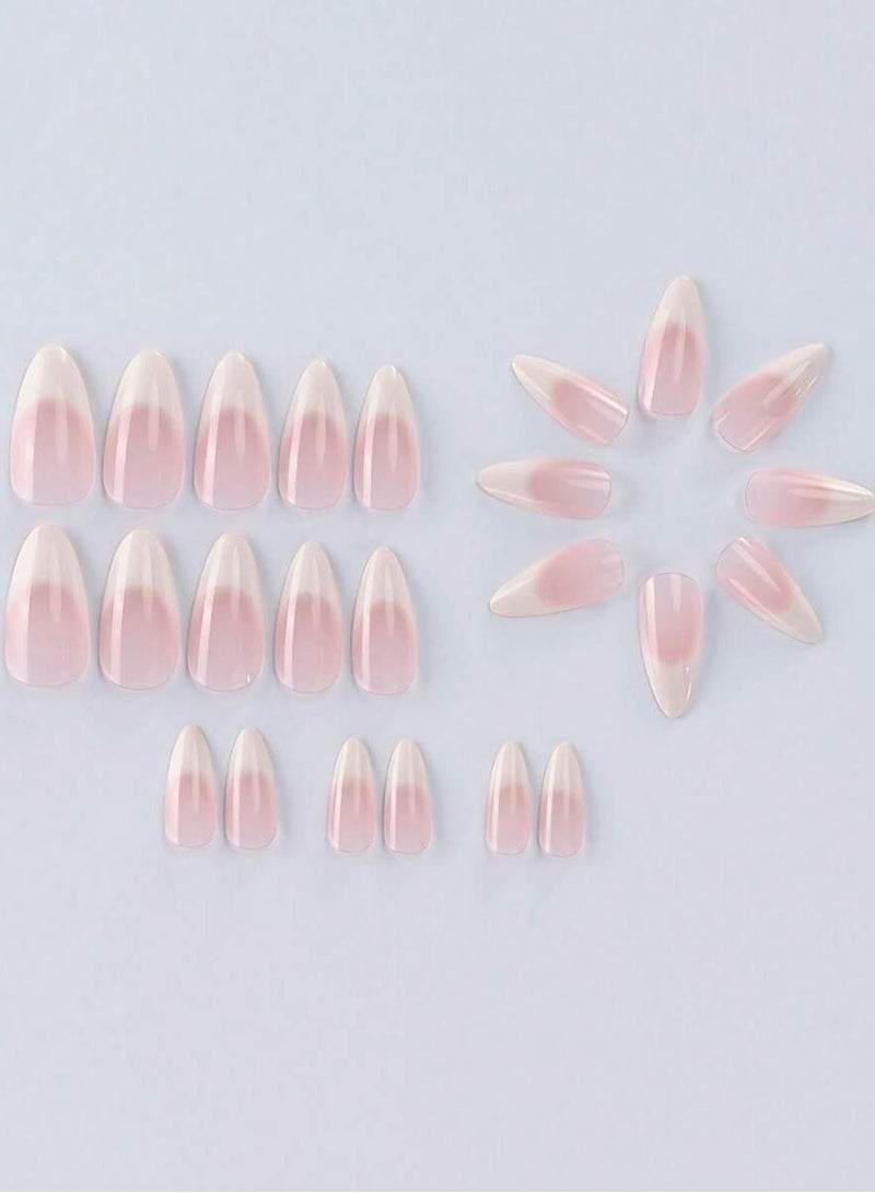 24-piece set of short almond-shaped French nail tips in gradient colors of beige and milky white, with one nail file and one nail adhesive gel. - Image 4