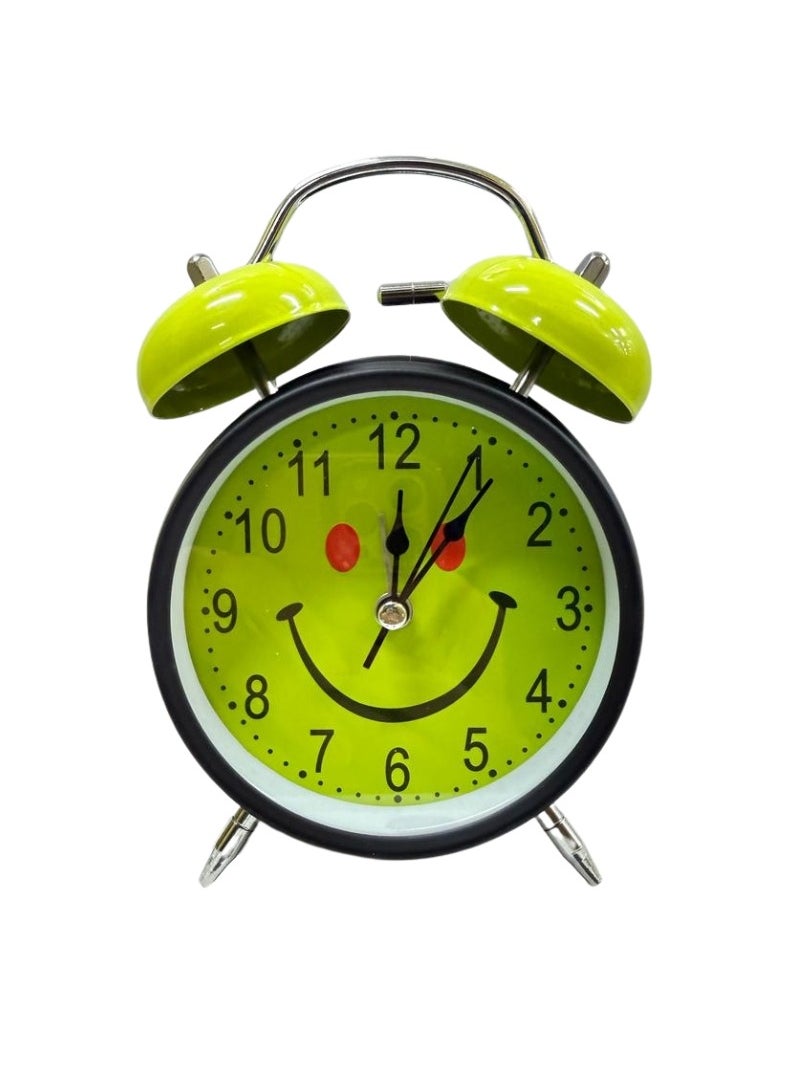 Casa Bella The Brand Analog Table Clock with Silent Non-Ticking Alarm | Battery Operated Twin Bell Clock | Retro Metal Desk Clock for Bedroom & Home Décor | Smiley Emoji Round Shape | Green & Black  - Image 1