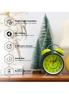Casa Bella The Brand Analog Table Clock with Silent Non-Ticking Alarm | Battery Operated Twin Bell Clock | Retro Metal Desk Clock for Bedroom & Home Décor | Smiley Emoji Round Shape | Green & Black  - Image 3