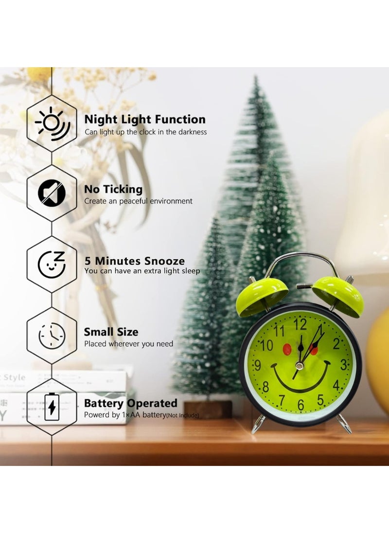 Casa Bella The Brand Analog Table Clock with Silent Non-Ticking Alarm | Battery Operated Twin Bell Clock | Retro Metal Desk Clock for Bedroom & Home Décor | Smiley Emoji Round Shape | Green & Black  - Image 3