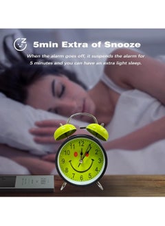 Casa Bella The Brand Analog Table Clock with Silent Non-Ticking Alarm | Battery Operated Twin Bell Clock | Retro Metal Desk Clock for Bedroom & Home Décor | Smiley Emoji Round Shape | Green & Black  - Image 5